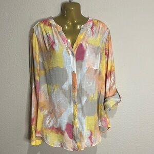 ZAC & RACHEL Watercolor Button-Up Gauze Blouse, Size L, EUC